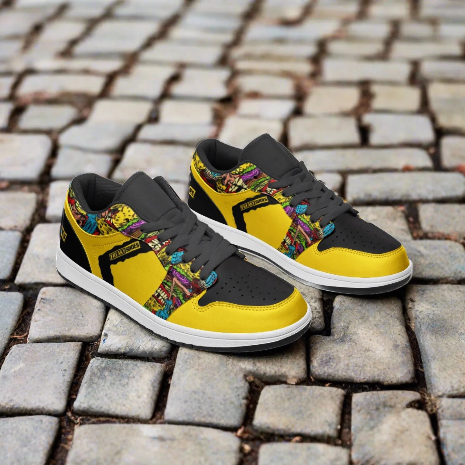 Freaky Shoes® Black & Yellow Freestyle Art Unisex Low Top Leather Sneakers