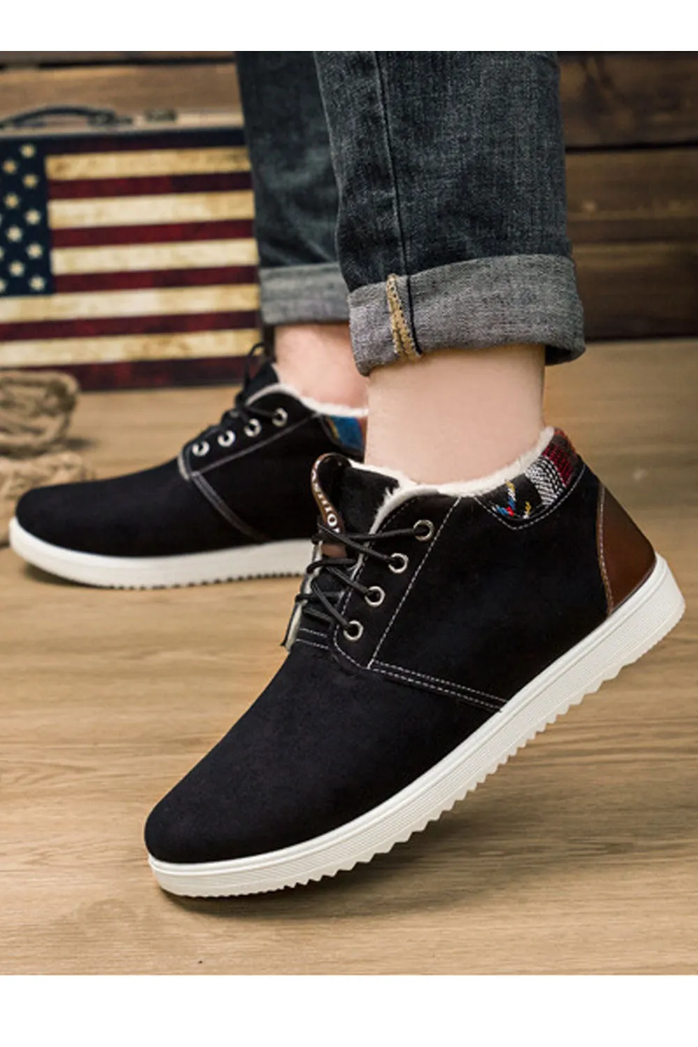 Men Awesome Solid Colored Round Head Furr Inner Collar Flat Rubber Soled Casual Winter Boots - MSC50107