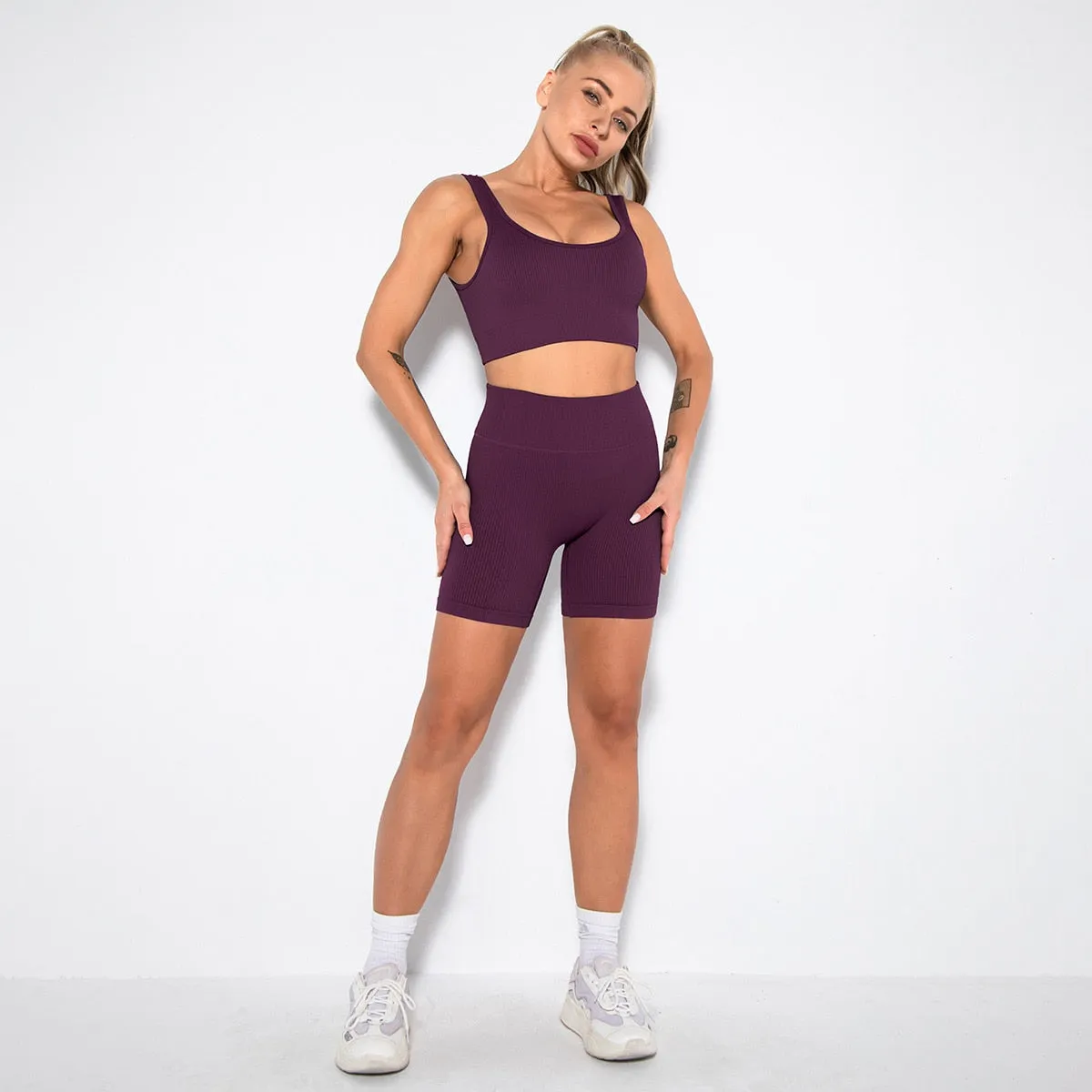 Seamless Yoga Sets Womens 2 Piece Sports Bra Fitness Shorts Workout Set Crop Top Leggings Active Wear Tracksuit Gym Suit Clothes