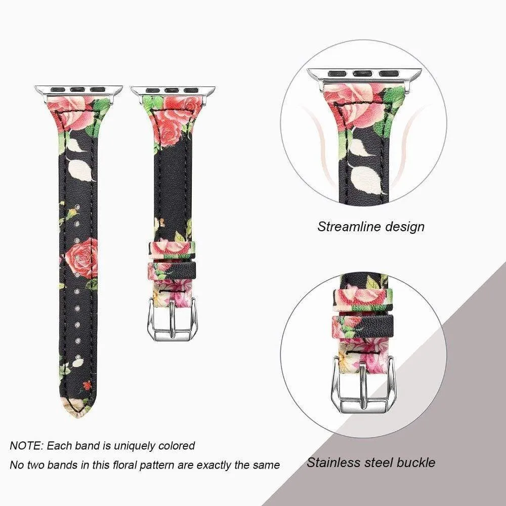 Slim Flower Floral Genuine Leather Series Silver Connectors Strap