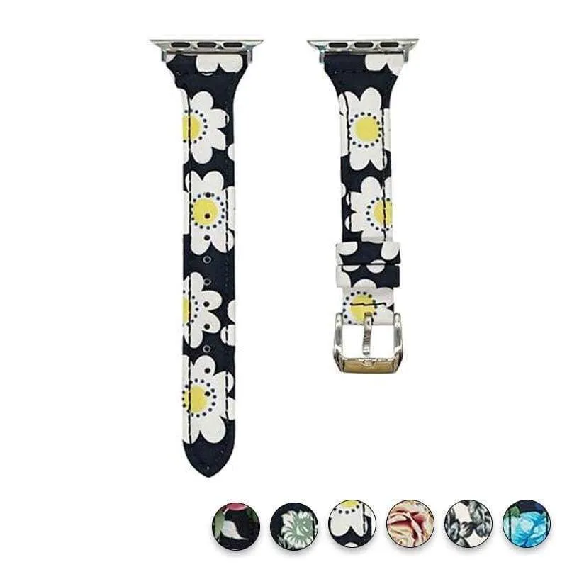 Slim Flower Floral Genuine Leather Series Silver Connectors Strap