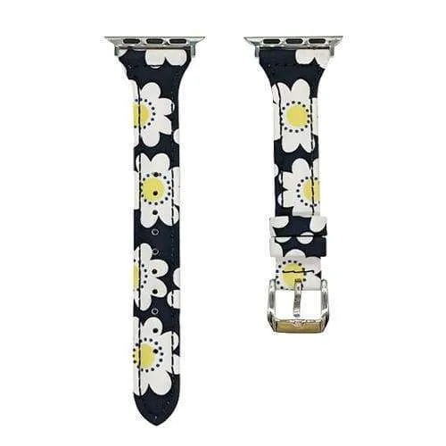 Slim Flower Floral Genuine Leather Series Silver Connectors Strap