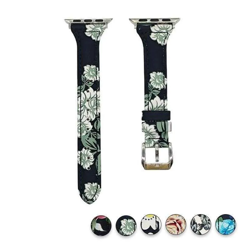 Slim Flower Floral Genuine Leather Series Silver Connectors Strap