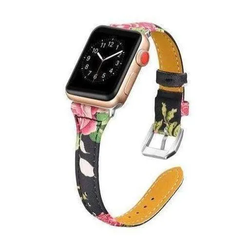 Slim Flower Floral Genuine Leather Series Silver Connectors Strap