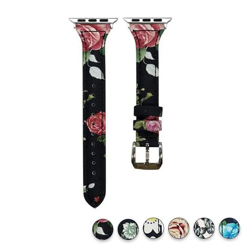 Slim Flower Floral Genuine Leather Series Silver Connectors Strap