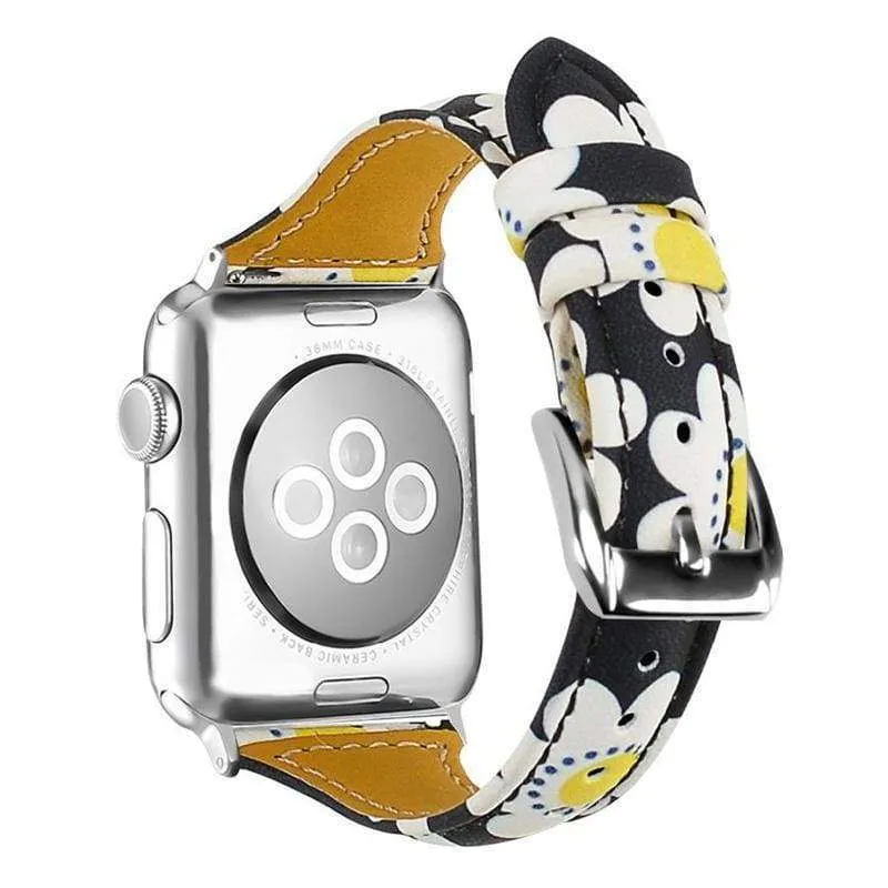 Slim Flower Floral Genuine Leather Series Silver Connectors Strap