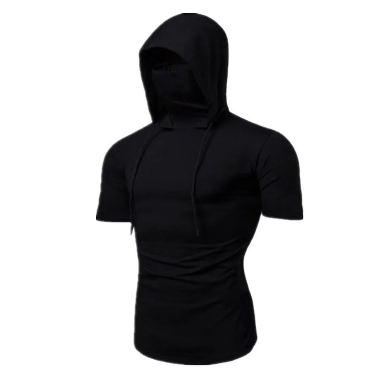 SOLID COLOR HOODED FACE MASK T-SHIRT FOR MEN'S SLIM FIT SPORTS HOODED TIE UP TOP T-SHIRT FOR MEN