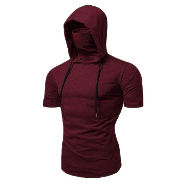 SOLID COLOR HOODED FACE MASK T-SHIRT FOR MEN'S SLIM FIT SPORTS HOODED TIE UP TOP T-SHIRT FOR MEN