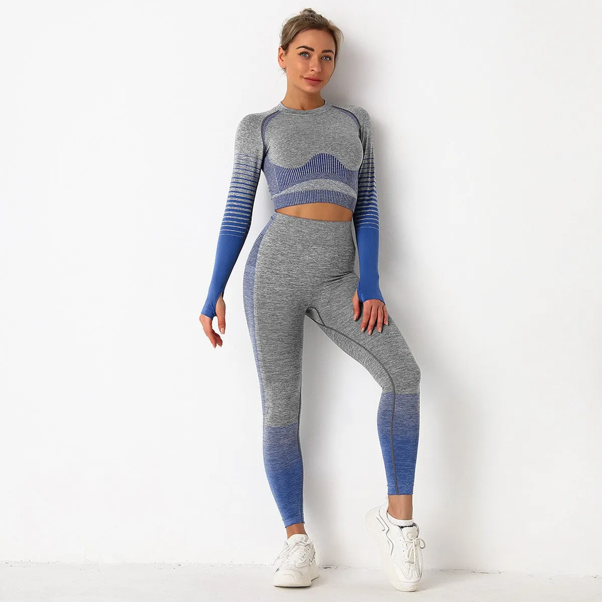 Striped Women's Yoga Sets Anti-Shrink Long-sleeved Sports Top Sexy Hip Lift Buttocks Tight Leggings Gradient Color Suits