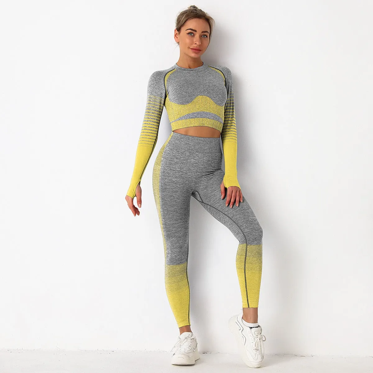 Striped Women's Yoga Sets Anti-Shrink Long-sleeved Sports Top Sexy Hip Lift Buttocks Tight Leggings Gradient Color Suits