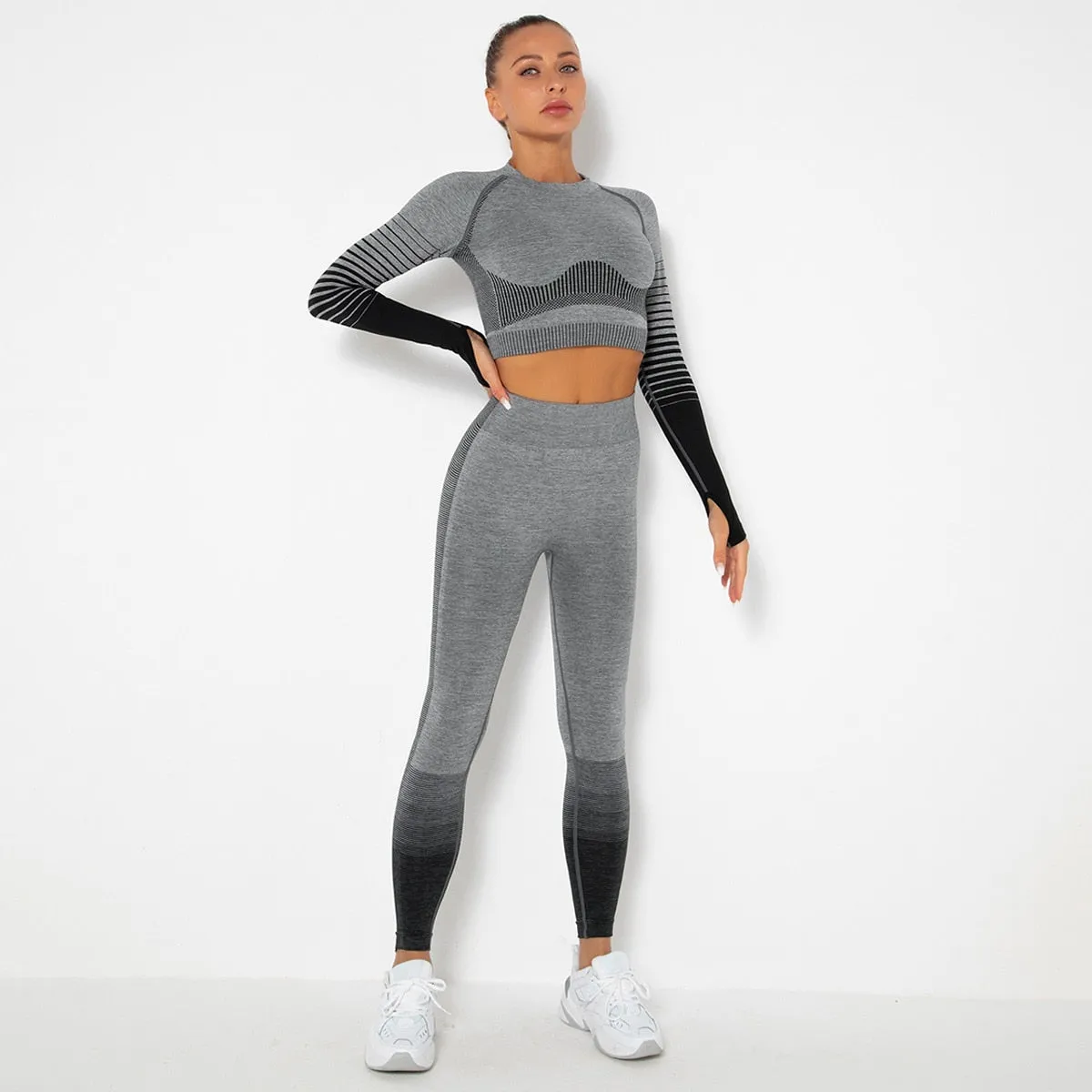 Striped Women's Yoga Sets Anti-Shrink Long-sleeved Sports Top Sexy Hip Lift Buttocks Tight Leggings Gradient Color Suits