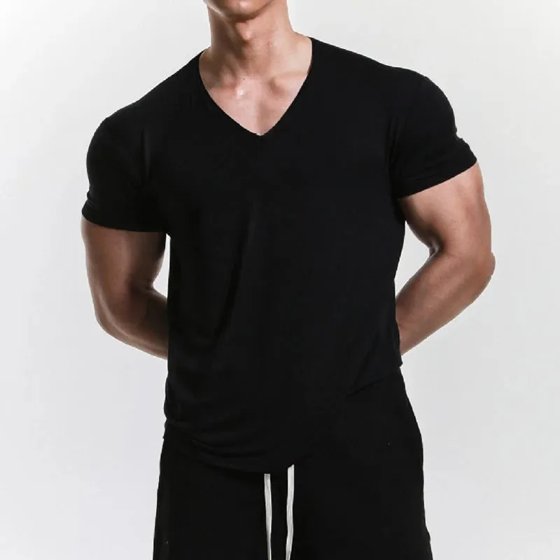 Wiaofellas  -  Sports Fitness Muscle Slim T Shirts Men Casual Short Sleeve V Neck Tops Summer Fashion Solid Color Pullovers Mens Clothes Gyms