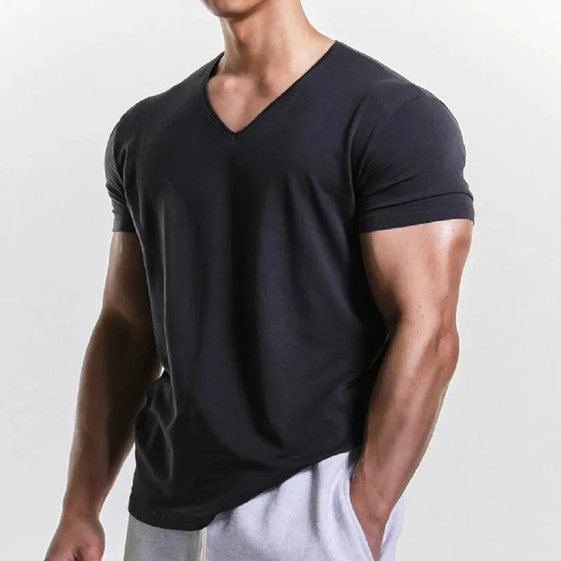 Wiaofellas  -  Sports Fitness Muscle Slim T Shirts Men Casual Short Sleeve V Neck Tops Summer Fashion Solid Color Pullovers Mens Clothes Gyms