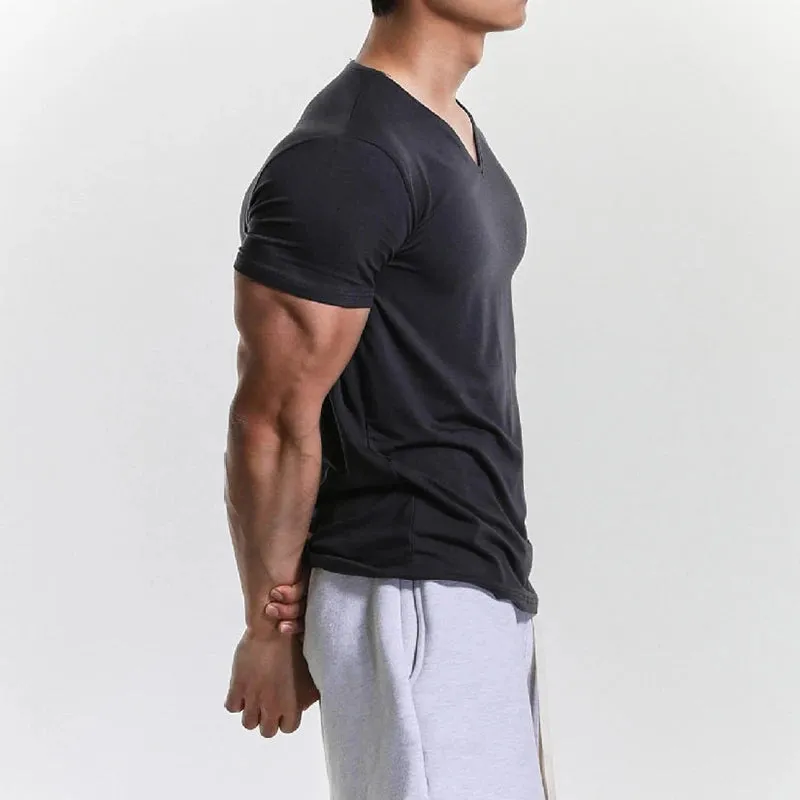 Wiaofellas  -  Sports Fitness Muscle Slim T Shirts Men Casual Short Sleeve V Neck Tops Summer Fashion Solid Color Pullovers Mens Clothes Gyms