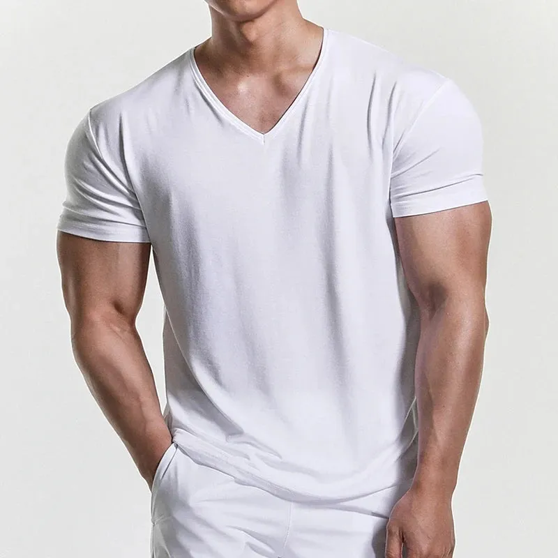 Wiaofellas  -  Sports Fitness Muscle Slim T Shirts Men Casual Short Sleeve V Neck Tops Summer Fashion Solid Color Pullovers Mens Clothes Gyms