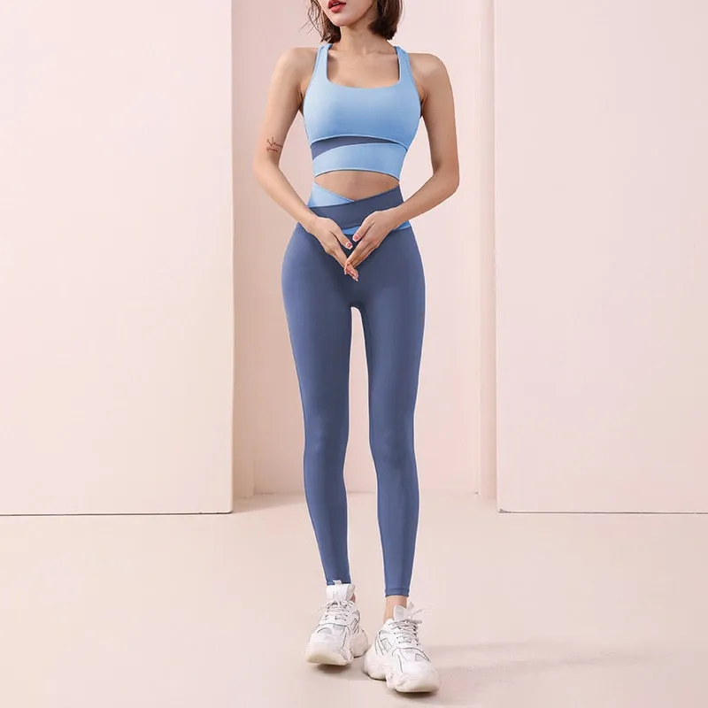 Women Sportswear Suit Bandage Patchwork Sports Bra Sexy High Waist Leggings Workout Athletic Fitness Clothing Two Piece Yoga Set