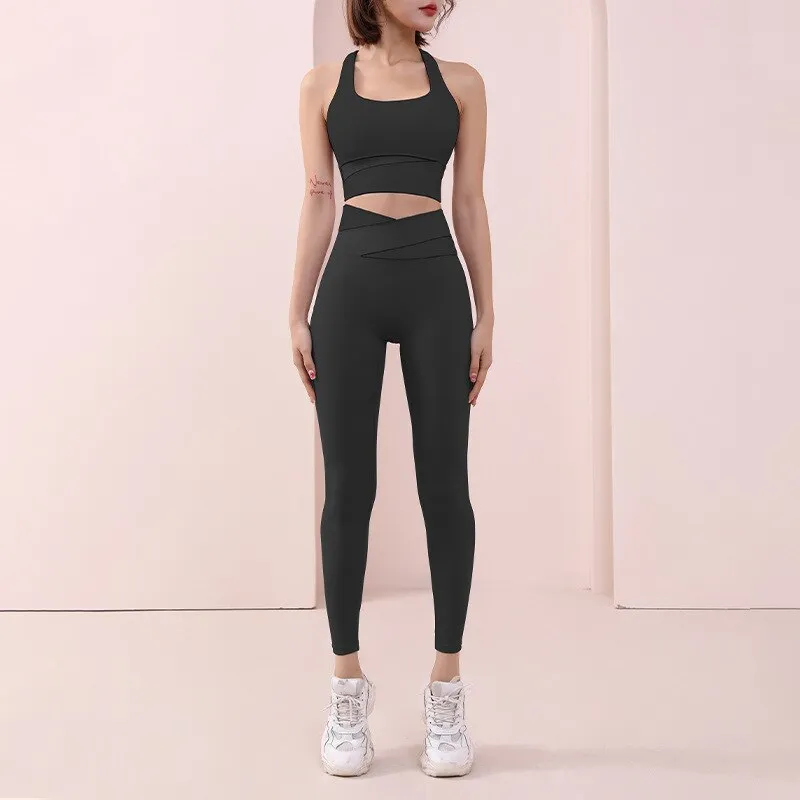 Women Sportswear Suit Bandage Patchwork Sports Bra Sexy High Waist Leggings Workout Athletic Fitness Clothing Two Piece Yoga Set