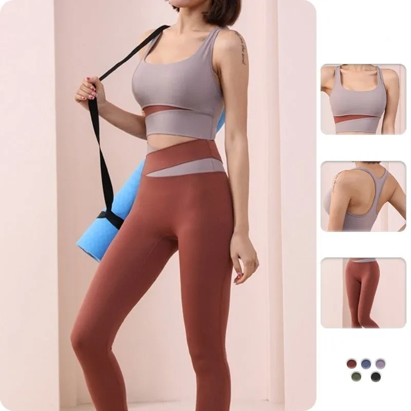 Women Sportswear Suit Bandage Patchwork Sports Bra Sexy High Waist Leggings Workout Athletic Fitness Clothing Two Piece Yoga Set